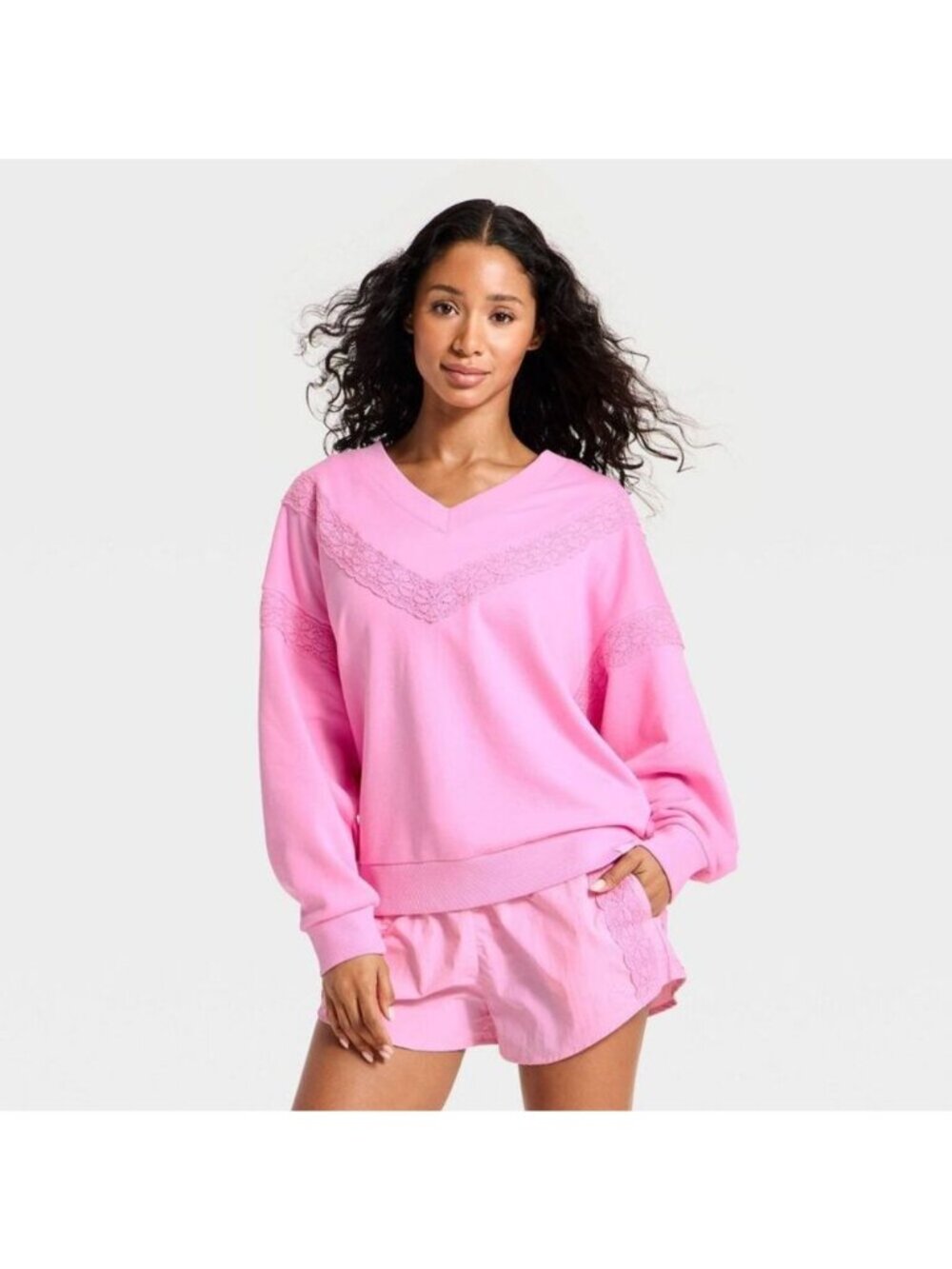 JoyLab - Size XL Women's Crochet Trim V-Neck Sweatshirt Pink Loose Fit